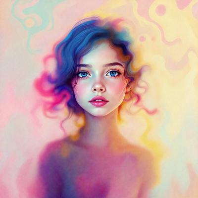 The primary subject of the image is a woman with blue hair, who is looking at the camera. She is wearing makeup and has a pink background. The visual style of the image is digital art, and the colors and mood are vibrant and lively.